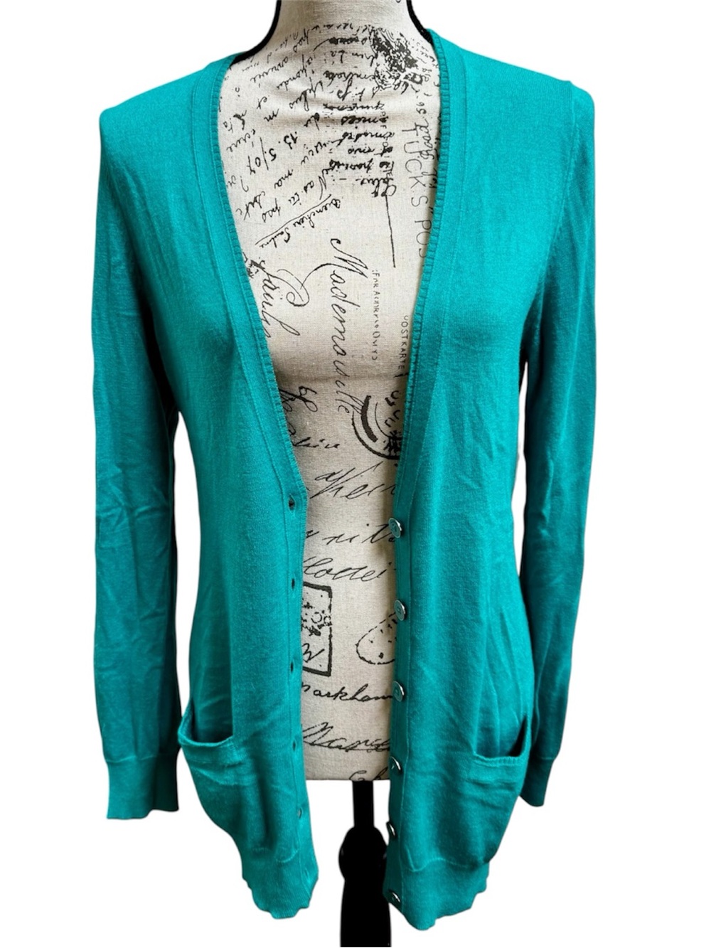 BR Teal Long Cardigan Sweater V-Neck Ribbed Trim